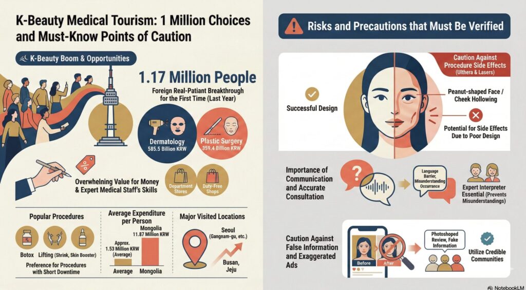 Infographic showing K-Beauty medical tourism statistics with 1.17 million foreign patients, popular procedures like Botox and plastic surgery, and key risks such as side effects, language barriers, and fake reviews.